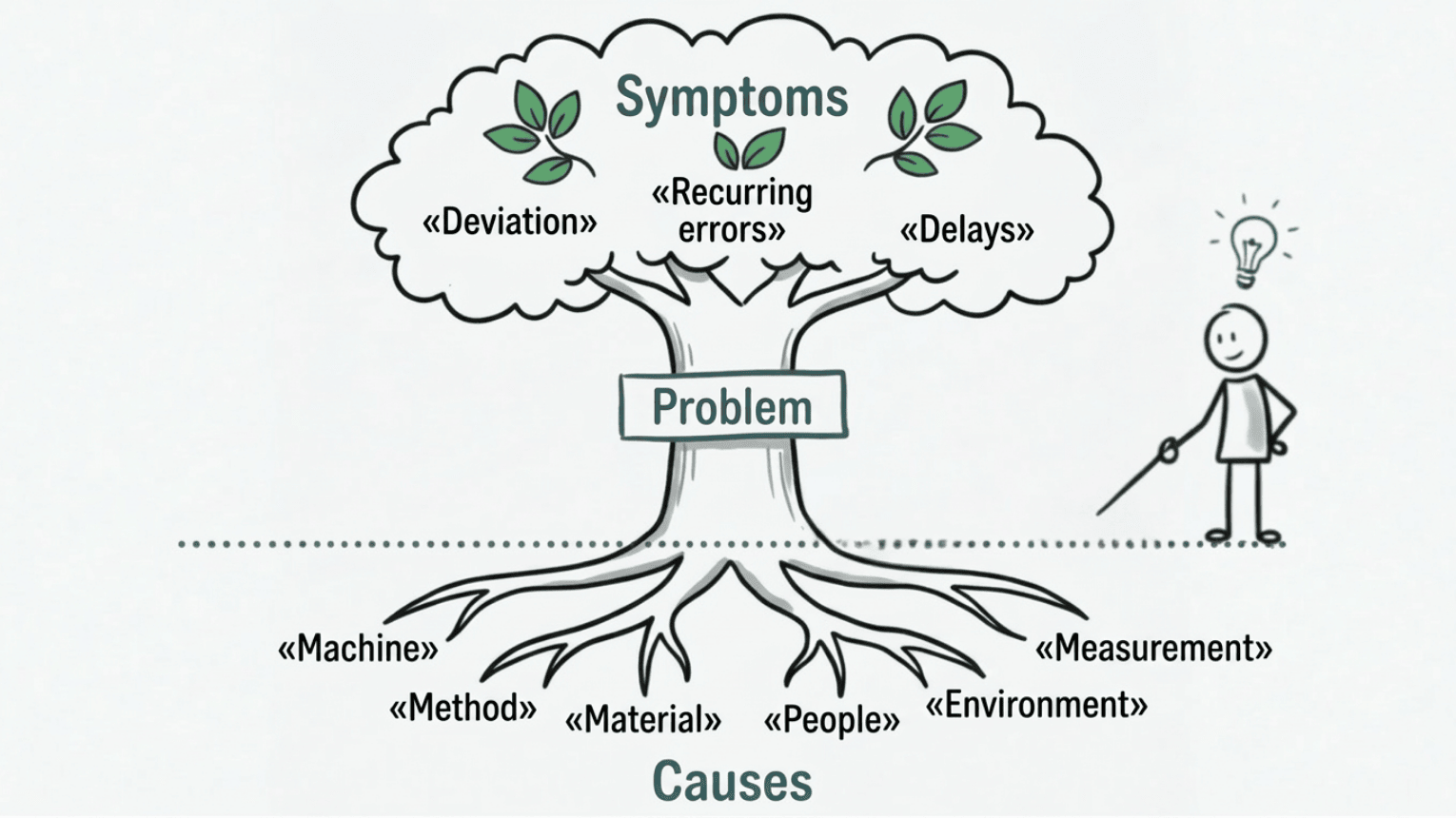 Tree diagram showing symptoms, problem and root causes in root cause analysis