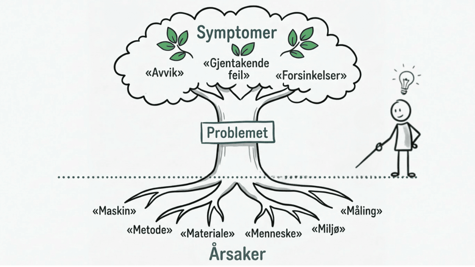 Tre-metaforen: symptomer, problem og årsaker i rotårsaksanalyse