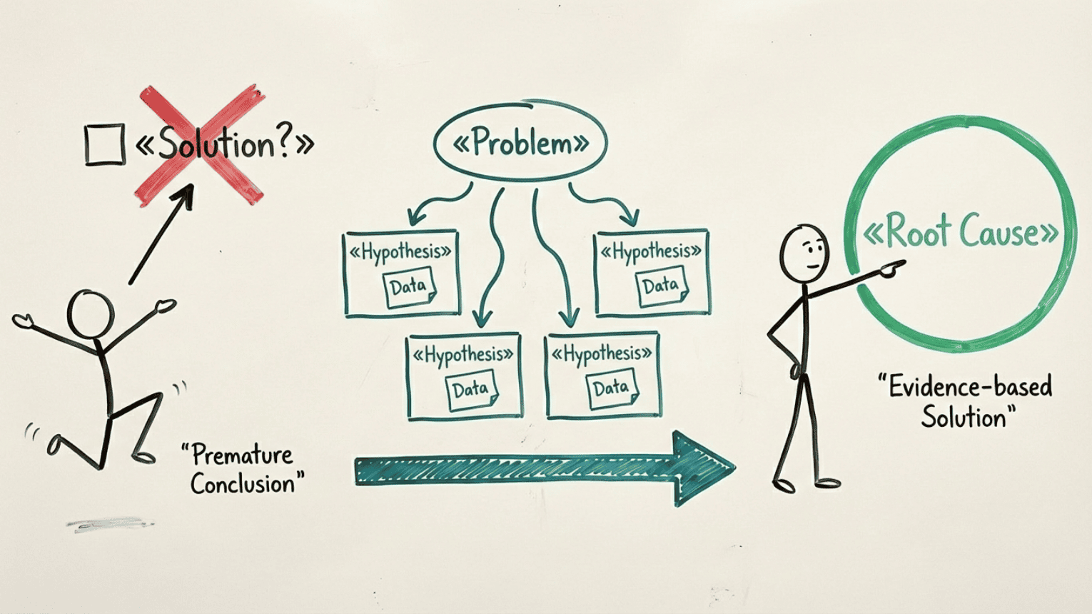 Thought Map: from problem to hypotheses and evidence-based root cause, instead of jumping to solutions